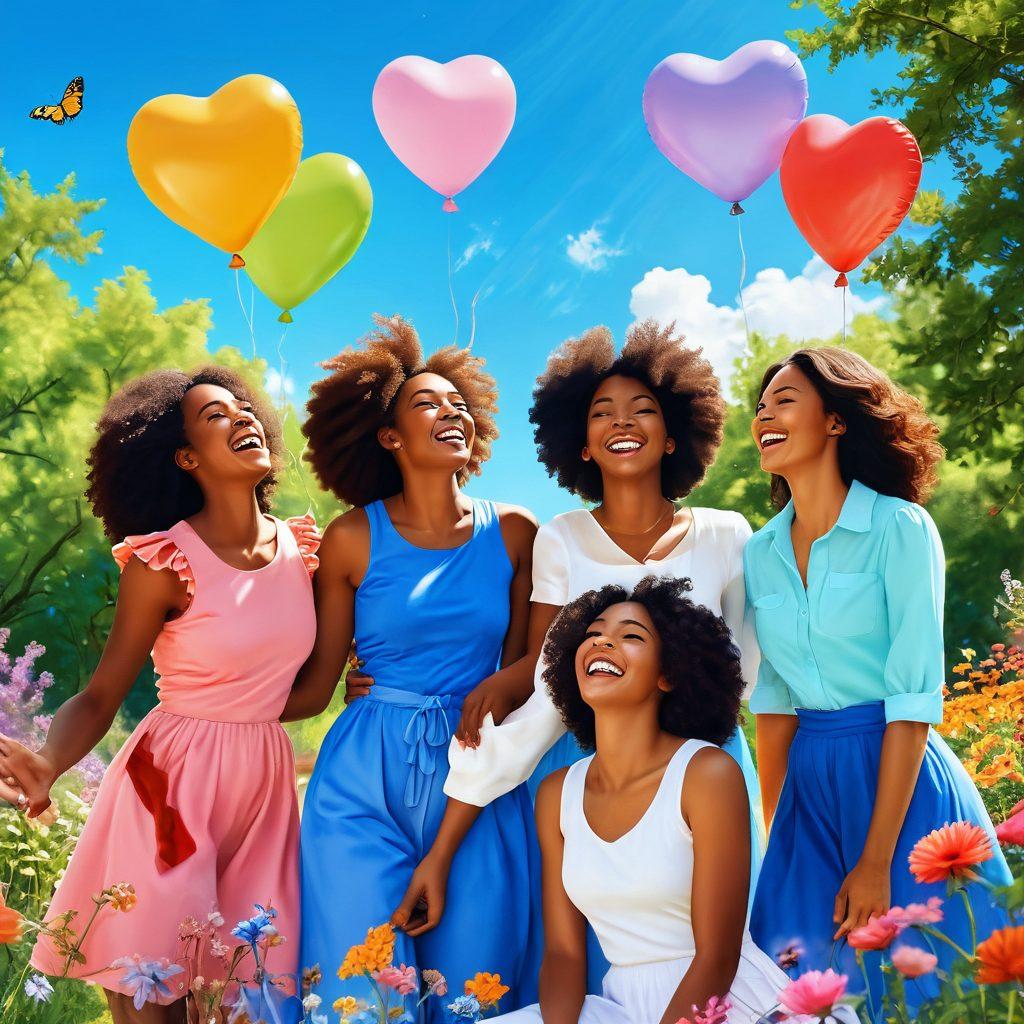 A whimsical scene capturing a group of diverse women joyfully laughing and embracing each other in a sunlit park, surrounded by vibrant flowers and butterflies. The atmosphere reflects lightheartedness and warmth, with elements symbolizing self-love like heart-shaped balloons and mirrors. They each hold unique items representing their individuality, while emanating positive energy and friendship. The background features a dreamy blue sky with soft, fluffy clouds. playful illustration. vibrant colors. cheerful. serene atmosphere.