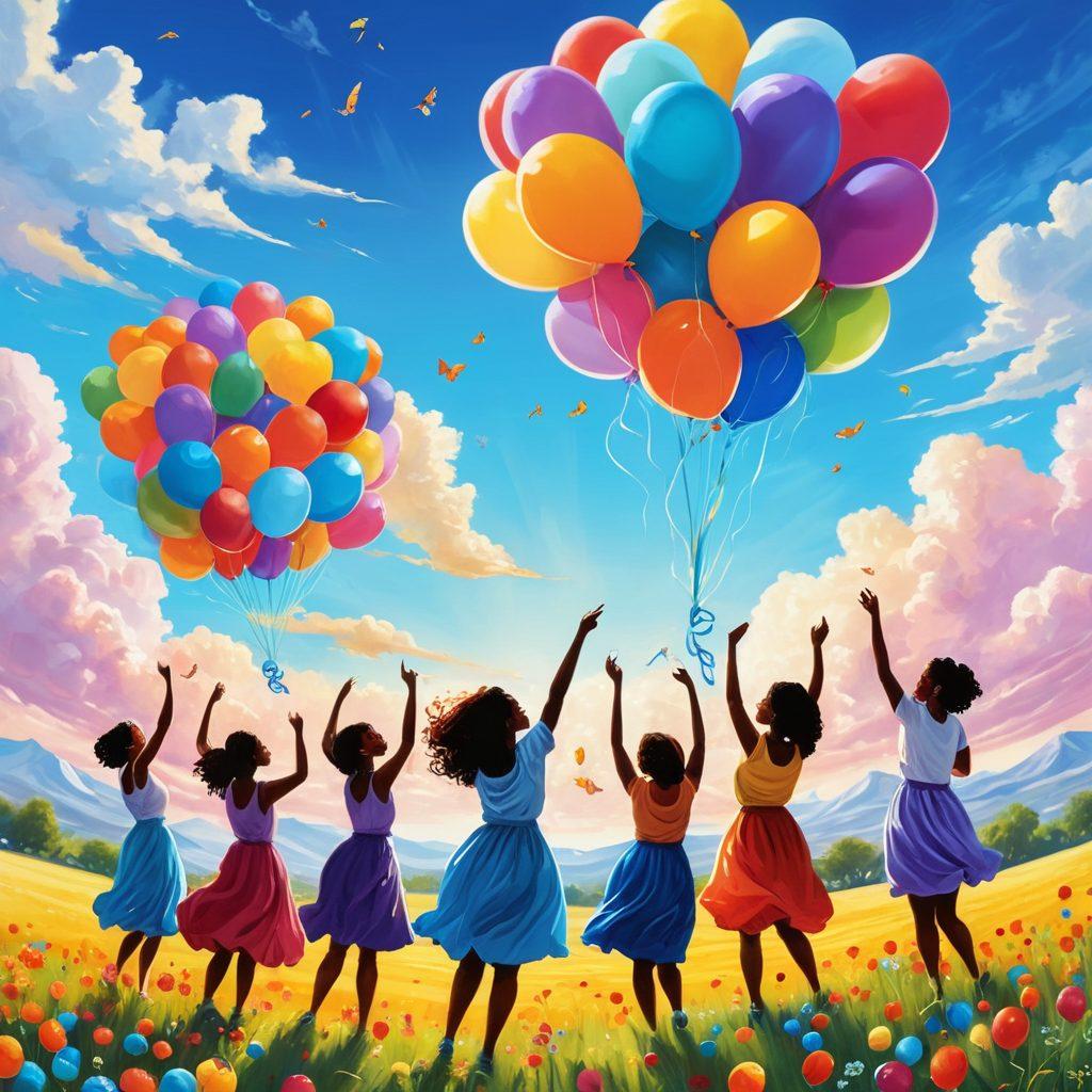 A whimsical scene of a diverse group of people joyfully engaging in uplifting activities, like dancing, painting, and sharing laughter under a bright blue sky filled with fluffy clouds and colorful balloons. Symbols of empowerment like butterflies and suns are woven throughout the image, creating a sense of hope and positivity. The overall atmosphere is vibrant and cheerful, inviting the viewer to feel inspired and embraced by optimism. cartoon style. vibrant colors. whimsical elements.