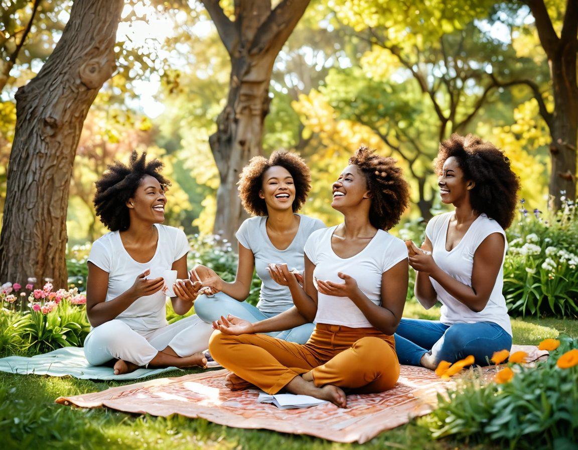 A joyful scene depicting diverse women laughing together in a sunlit park, surrounded by vibrant flowers and greenery. Each woman engages in various self-care activities such as yoga, reading, and having tea, showcasing a sense of connection and happiness. The atmosphere is bright and uplifting, with warm colors and soft sunlight filtering through the trees. A banner in the background reads 'Self-Care and Happiness'. super-realistic. vibrant colors. soft focus.